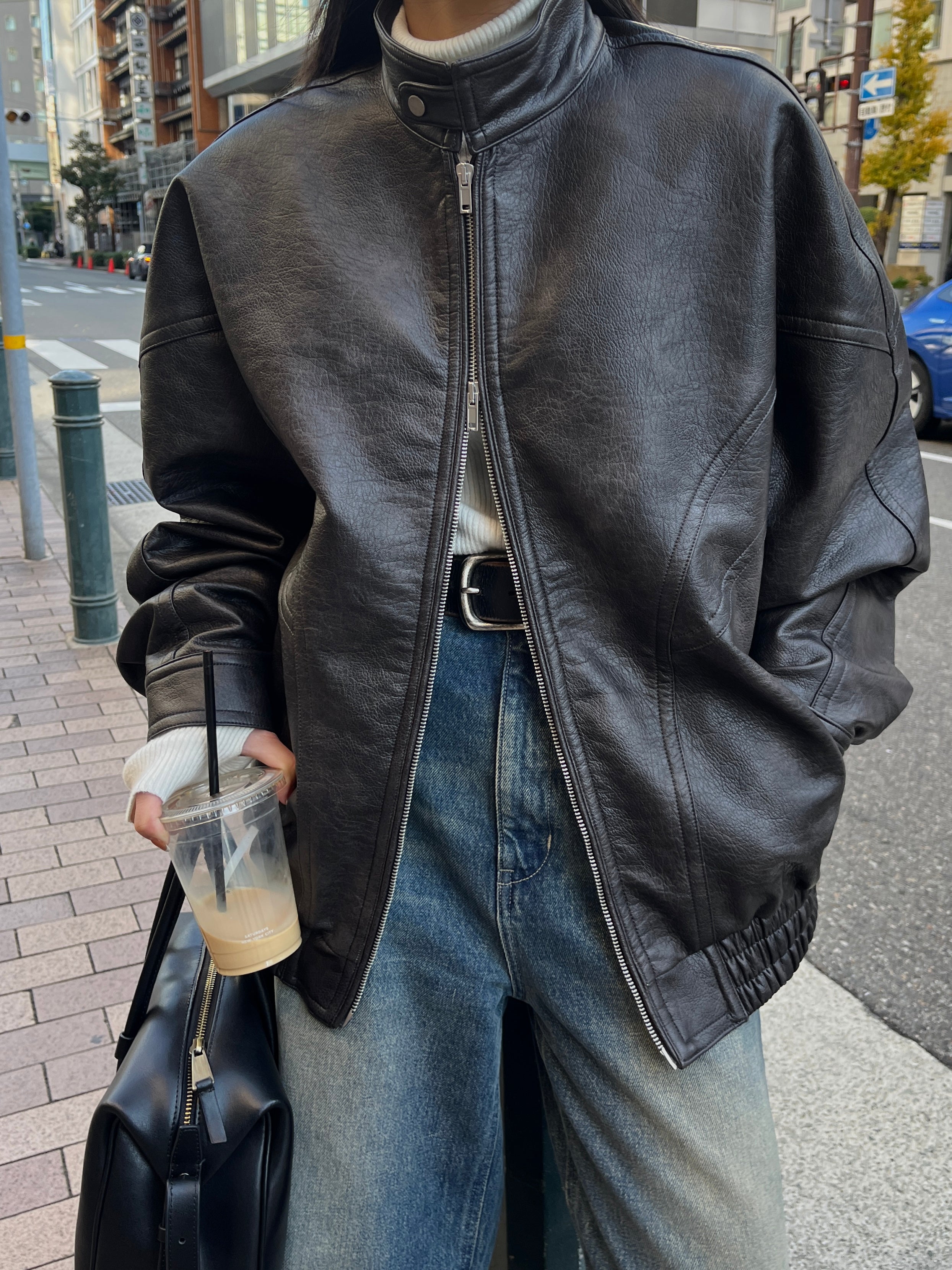 uyu.2024 黒 レザー オーバーサイズジャケット FAKE LEATHER BIG
